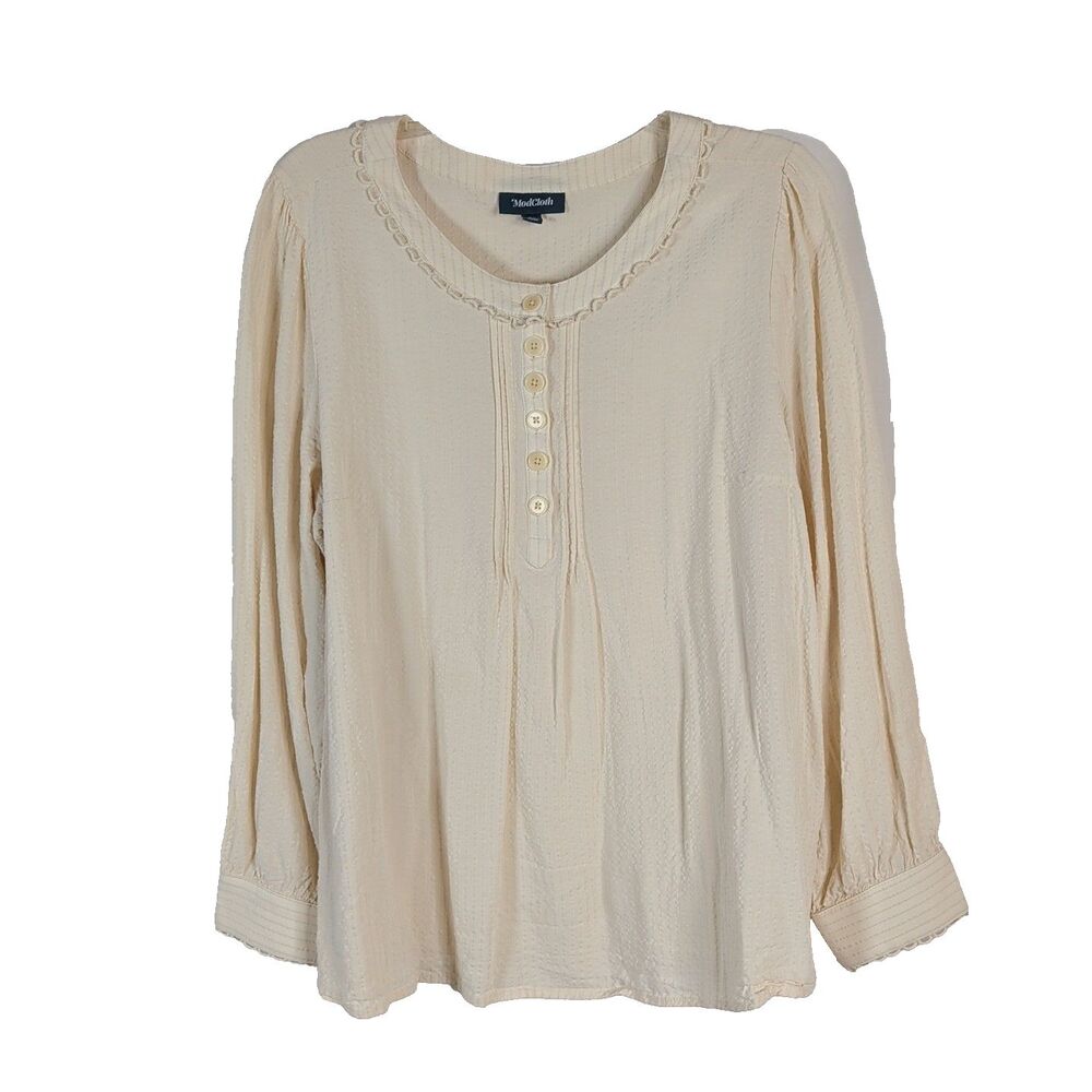 ModCloth Ivory Seersucker Blouse Long Sleeve Size XL Scallop Popover Pintuck
